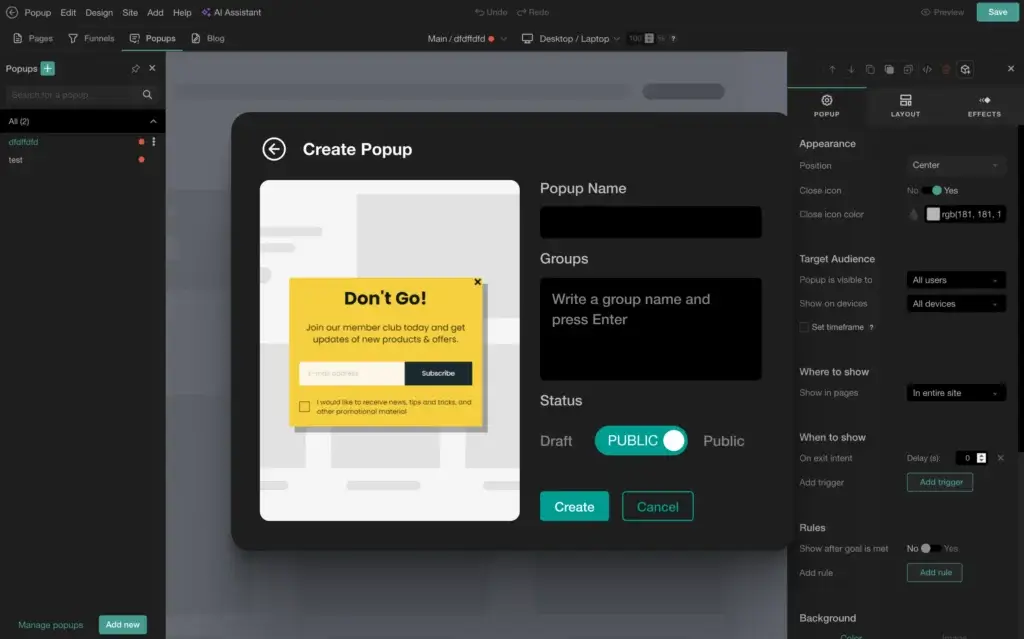 Website builder feature card for pop-ups showing the popup creation modal inside LearnWorlds.