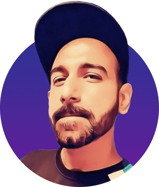 Bearded man wearing a dark baseball cap and shirt, tilting his head with a slight smirk, set against a circular purple gradient background in a...