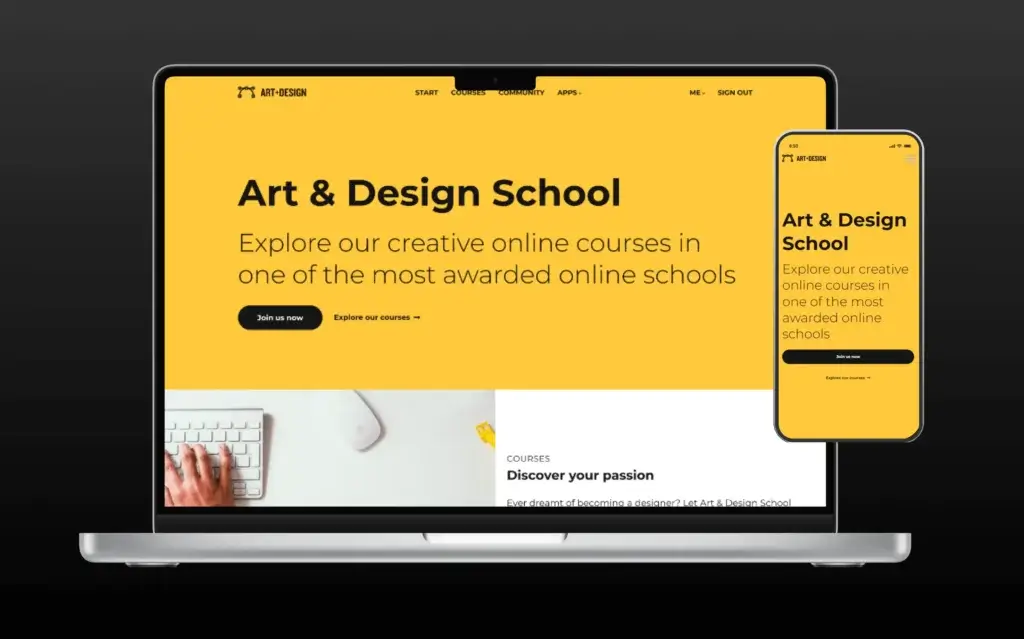 Website builder feature card showing responsive UI on a site visible on laptop and mobile.