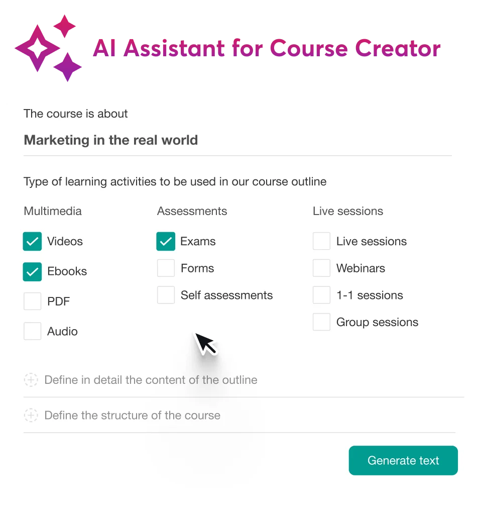 Rounded white UI panel — a course-creation assistant — shows checkbox selections while a cursor hovers nearby, against a dark background with a...