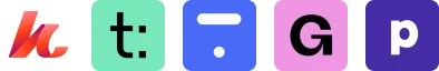 Six rounded-square app icons aligned horizontally on white: orange-gradient stylized "k"; mint green "t:"; light blue white "÷" (division sign); pink...