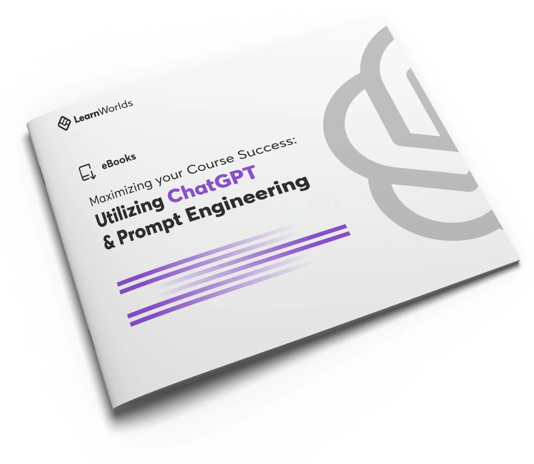 A stapled booklet lies angled on a white surface, displaying a LearnWorlds cover about ChatGPT and prompt engineering with purple design accents and...