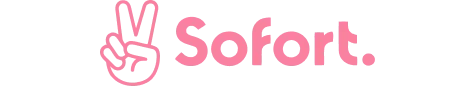 Stylized pink hand making a V sign; the word "Sofort." in matching pink type sits to its right on a dark background.